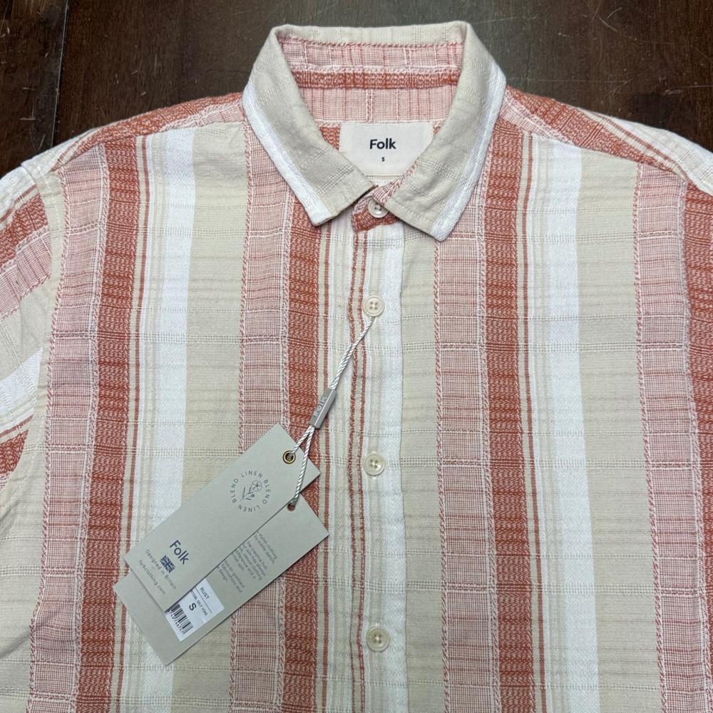 New Folk Otto Button Down Shirt Mens‎ Small Rust Striped Textured Short Sleeve